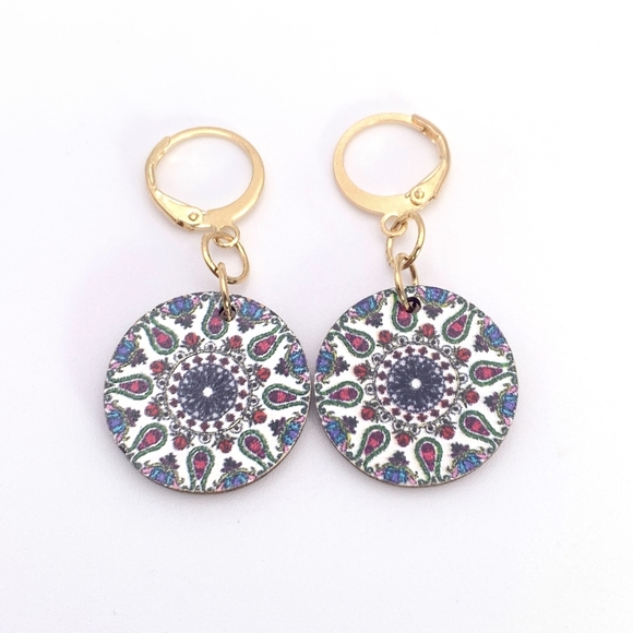 Boho Wooden Mandela Dangle Earrings - Picture 4 of 5